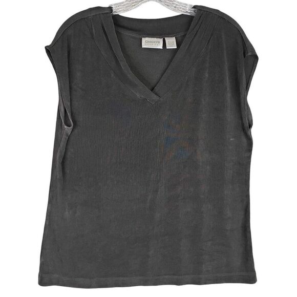 Chicos Travelers Tunic Top Slinky Knit Women’s Size Large or 2 Black SS - Picture 2 of 8